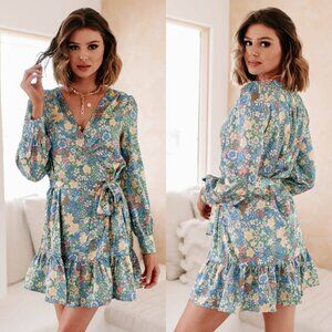 Aakaa Finding My Passion Floral Print Ruffle Wrap Dress Mini Medium Satin